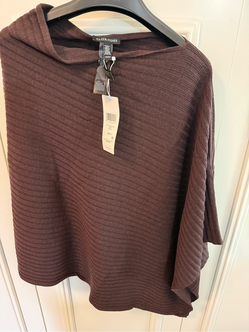 NWT Eileen Fisher Merino Wool Ribbed Asymmetric Poncho Brown OS